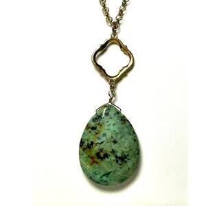 Jasper Pear Shaped Pendant on Long Gold Tone Chain 30-32”